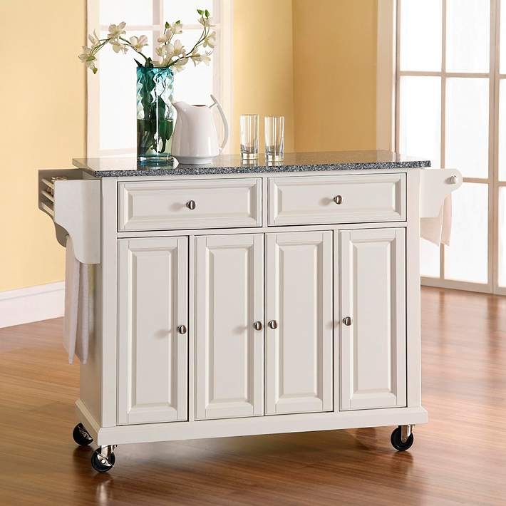 Kitchen Island Cart with White Four Door Cabinet and Granite Top