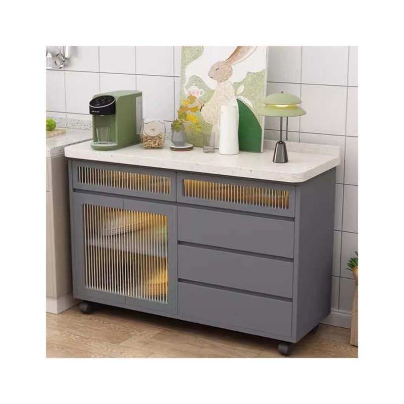Kitchen Island Charcoal Grey Fluted Glass Integrated Lighting