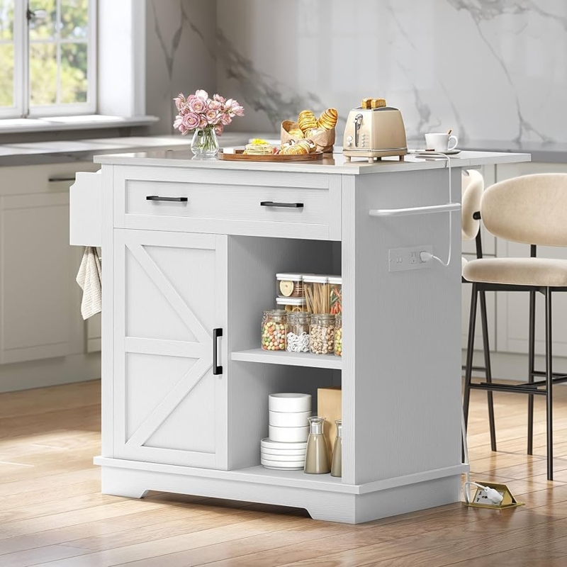Kitchen Island Drop Leaf Power Outlet White Barn Door Style