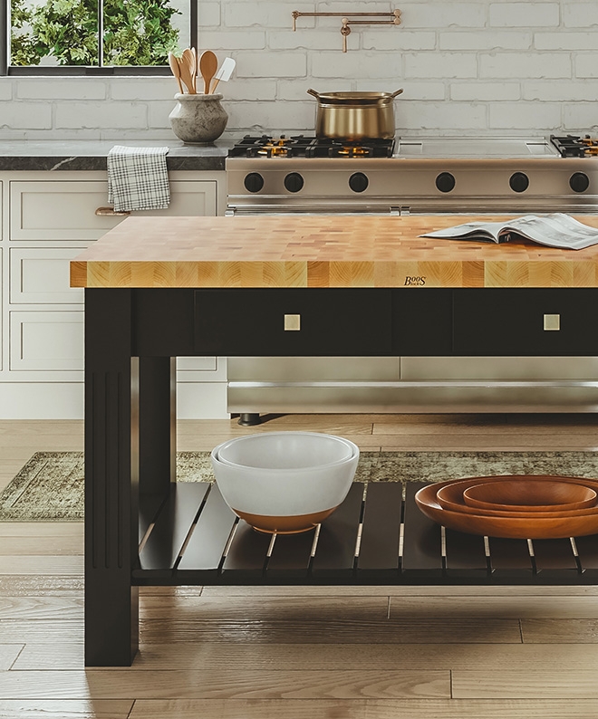 Kitchen Island Edge Grain Top Matte Black Base Reeded Legs