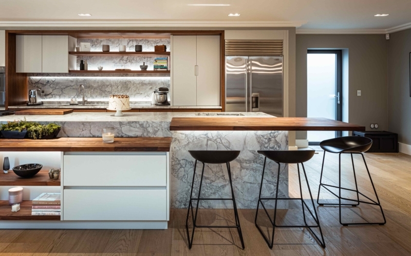 Kitchen Island Floating Wood Bar Integrated LED Lighting