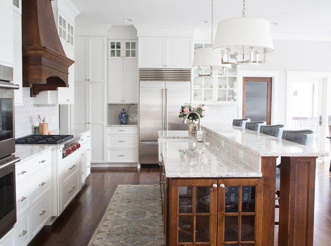 Kitchen Island Glass Front Cabinets & Wood Hood Accent