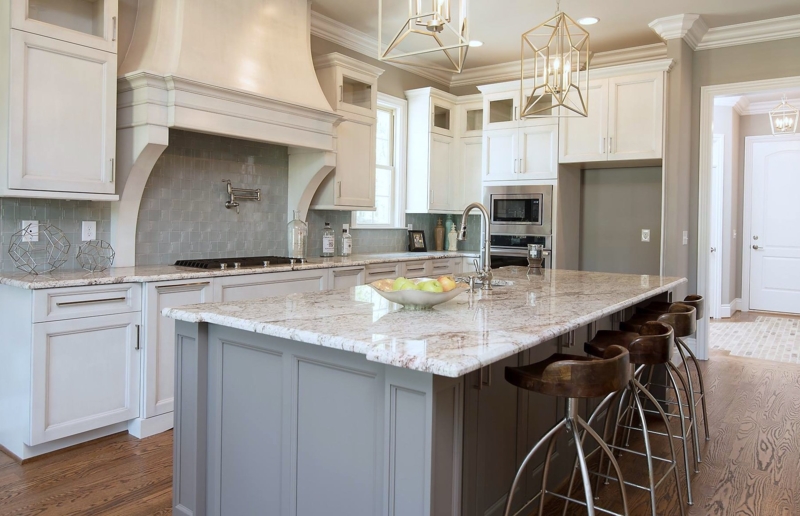 Kitchen Island in Slate Gray with Geometric Pendant Lighting