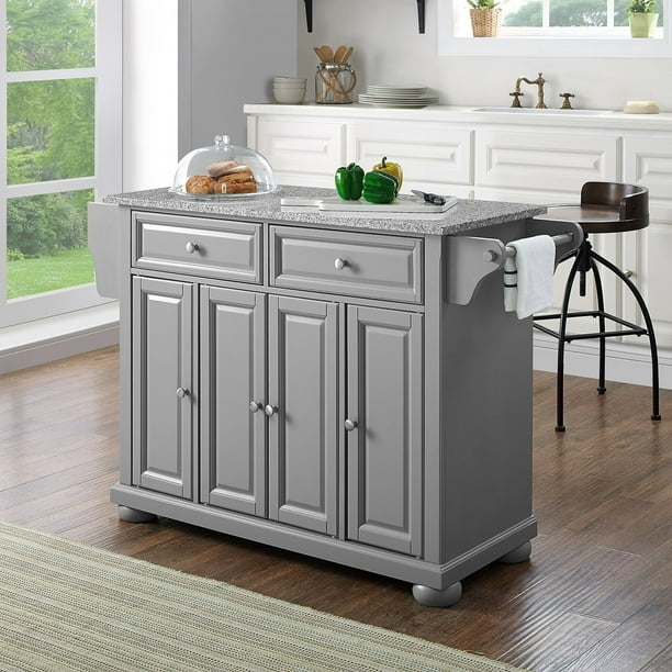 Kitchen Island in Slate Gray with Granite Top and Bun Feet