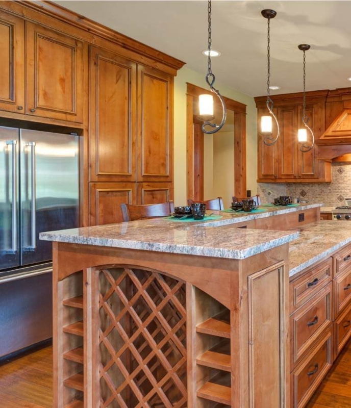 Kitchen Island Lattice Wine Storage & Ornate Pendants