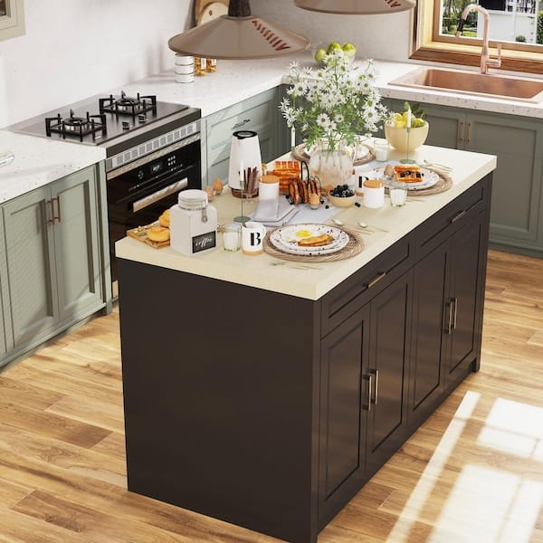 Kitchen Island Matte Black Base Marble Look Top Shaker Style