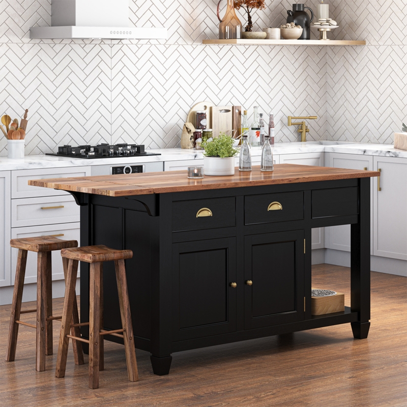 Kitchen Island Matte Black Base with Brass Hardware and Saddle Seats