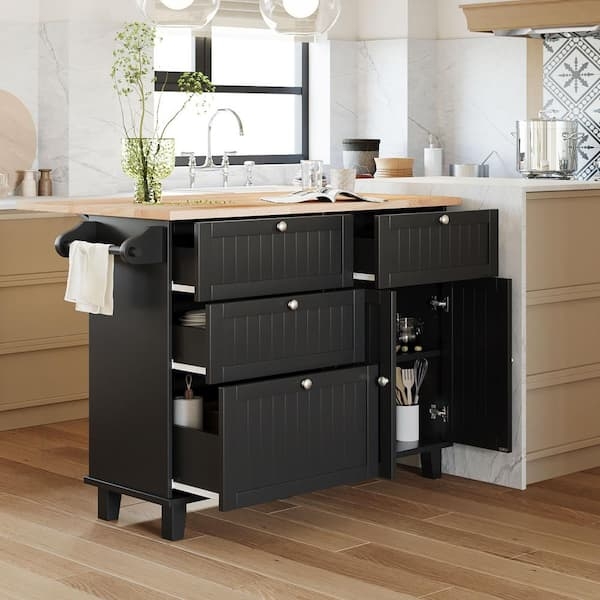 Kitchen Island Matte Black with Beadboard Detailing and Towel Bar