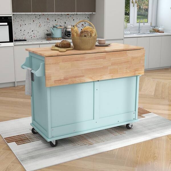 Kitchen Island Mint Green Portable Locking Casters Drop Leaf