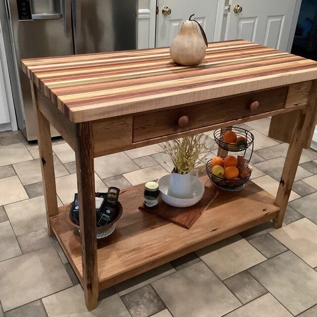 Kitchen Island Multi Toned Butcher Block Top Single Drawer Rustic