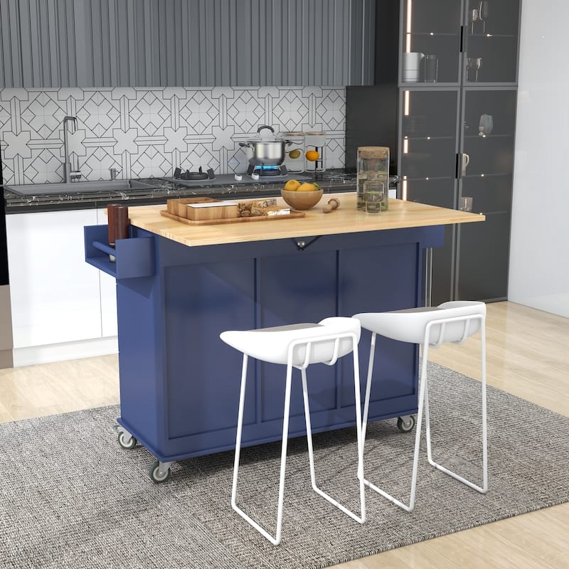 Kitchen Island Navy Blue Base Panel Fronts Locking Casters Drop Leaf