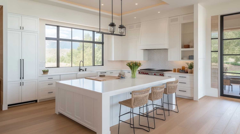 Kitchen Island Oversized White Farmhouse Sink & Woven Stools