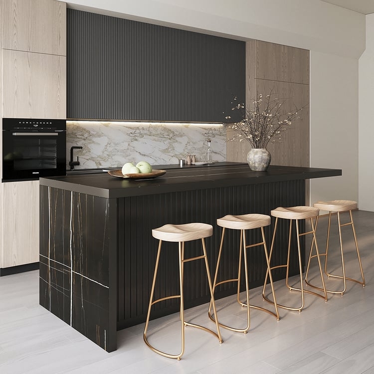 Kitchen Island Ribbed Base Matte Black & Gold Sled Legs
