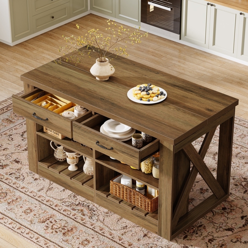 Kitchen Island Rustic Farmhouse Walnut Brown X Brace Sides Slatted Base