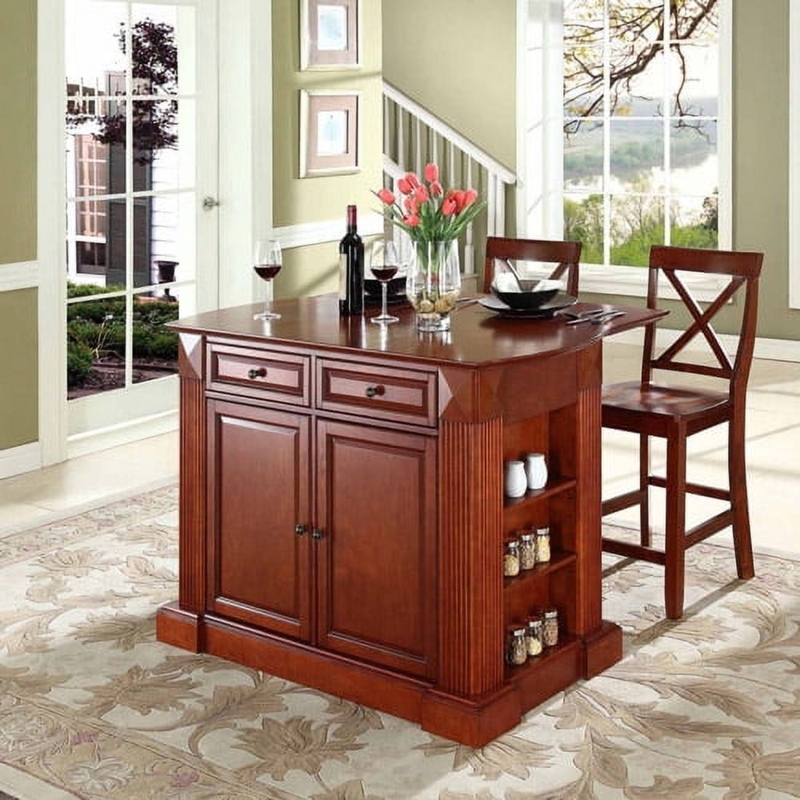 Kitchen Island Set Cherry Brown X Back Seating Fluted Columns Drop Leaf