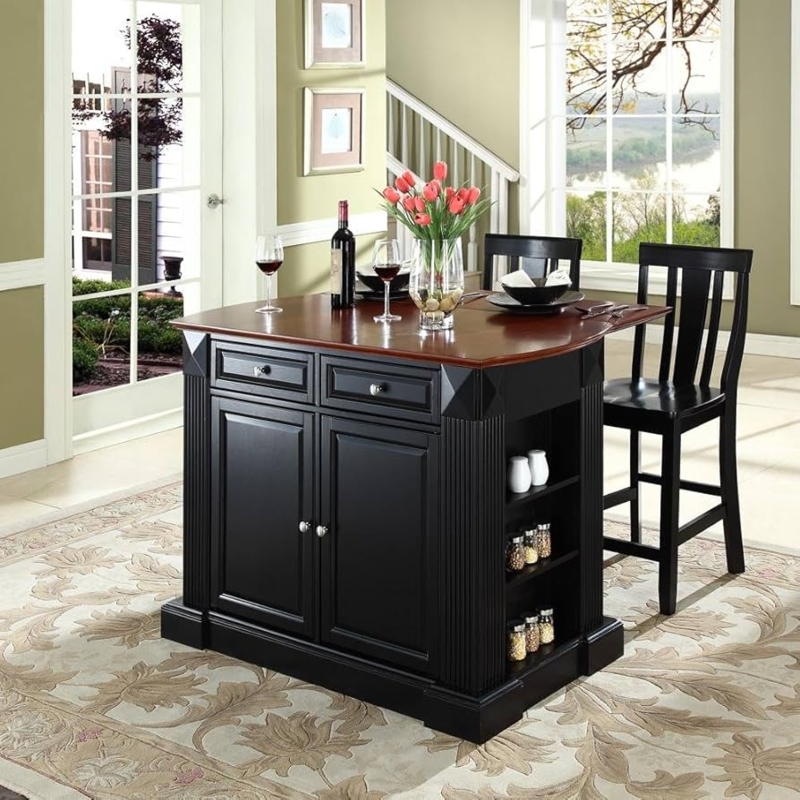 Kitchen Island Set Two Tone Black and Wood Slatted Back Chairs