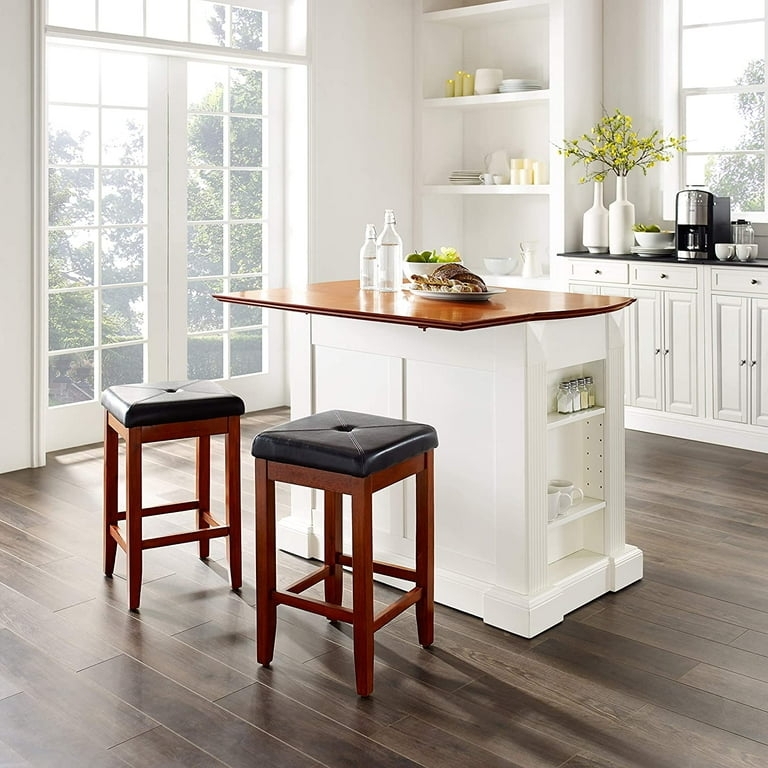 Kitchen Island Set White Button Tufted Square Seat Cherry Finish Stools