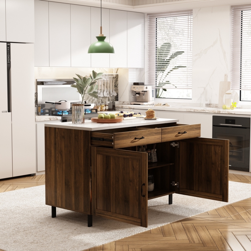 Kitchen Island Walnut Finish Marble Top & Black Hardware