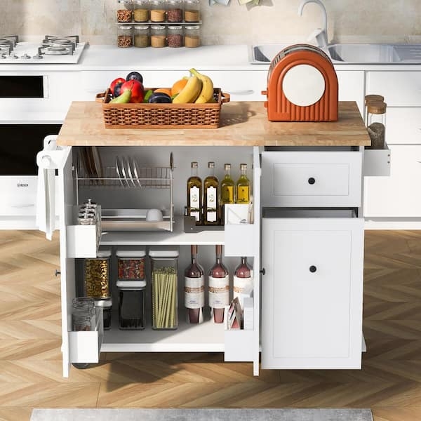 Kitchen Island White Integrated Dish Rack Wine Storage Locking Casters