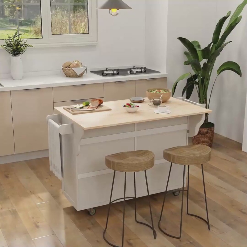 Kitchen Island White Saddle Seat Stools Thin Metal Legs Drop Leaf