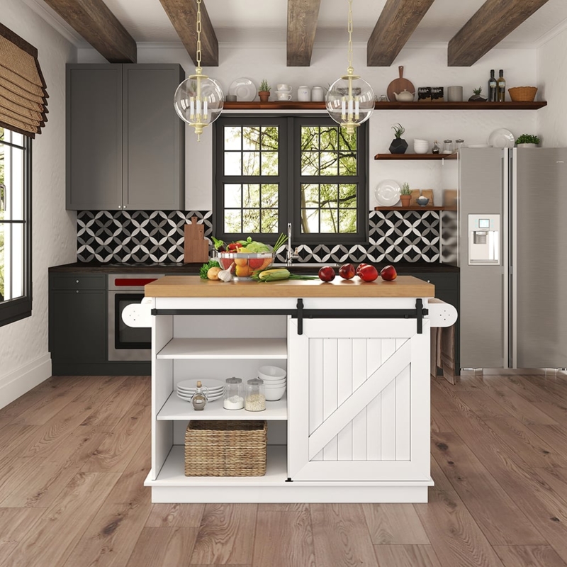 Kitchen Island White Sliding Barn Door Cross Brace Design Drop Leaf