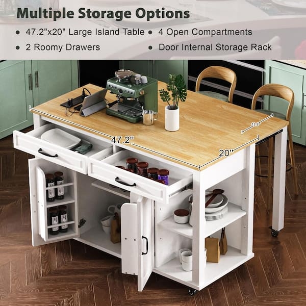 Kitchen Island White with Internal Door Rack and Drop Leaf Extension
