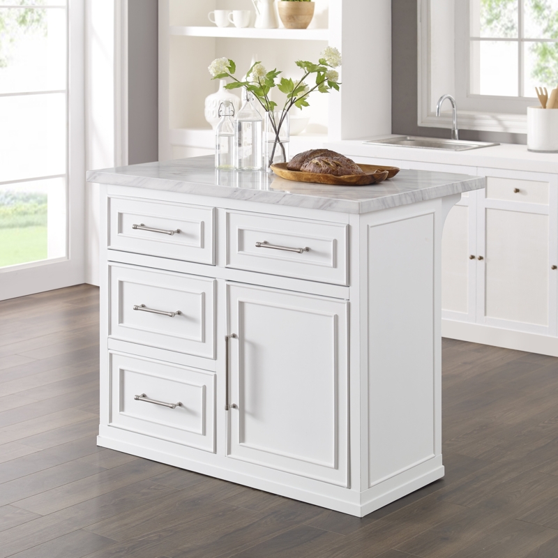 Kitchen Island with Faux Marble Top and Asymmetric Storage Layout