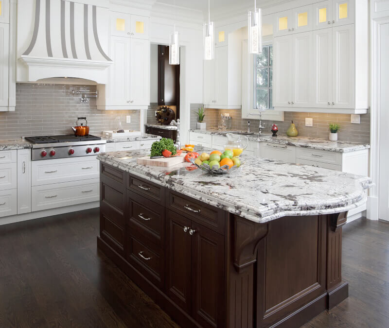 Kitchen Island with Ogee Edge Stone Countertop and Decorative Corbels