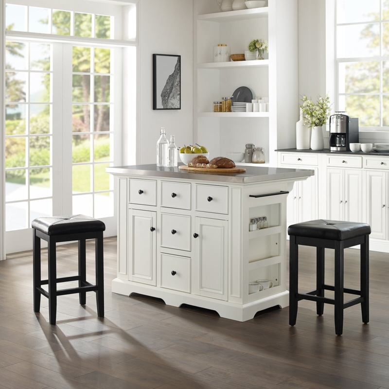 Kitchen Island With Seating White Tufted Stools Stainless Top