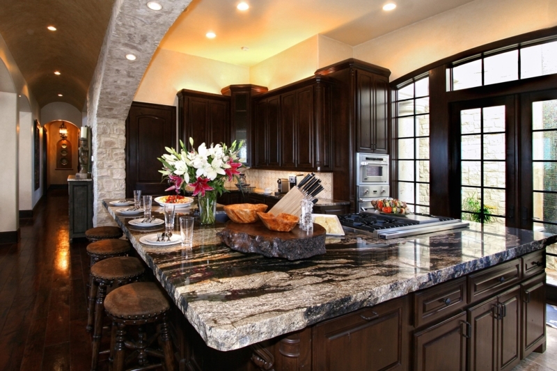 Kitchen Island with Thick Chiseled Edge Granite and Bold Veining
