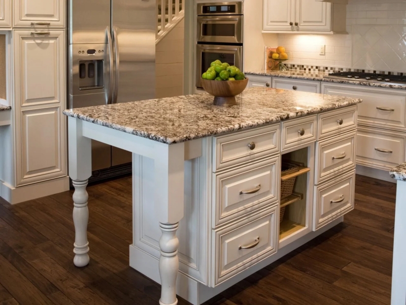 Kitchen Island with Turned Legs and Speckled Granite Top