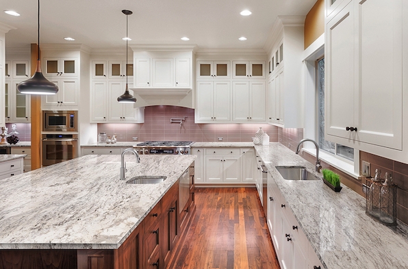 Kitchen Island with Walnut Wood Base and Veined Stone Top