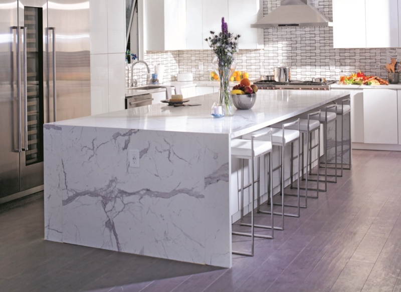 Kitchen Island with Waterfall Edge and Violet Grey Veining