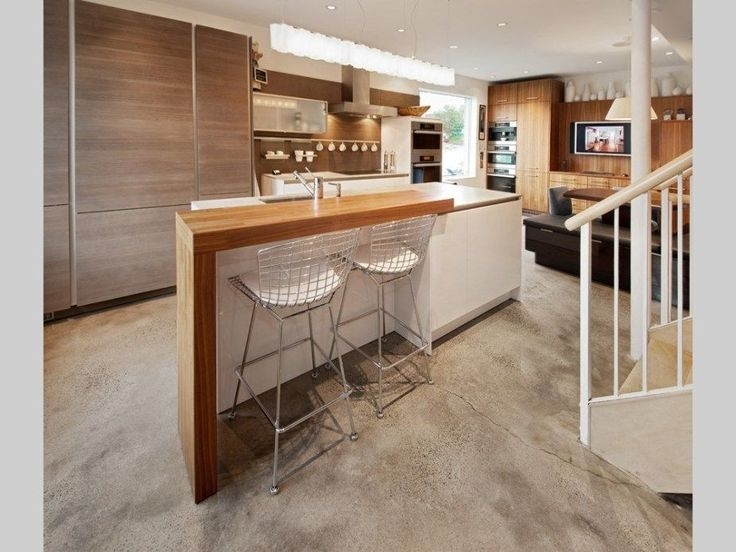 Kitchen Island Wood Waterfall Bar Concrete Floor Modern