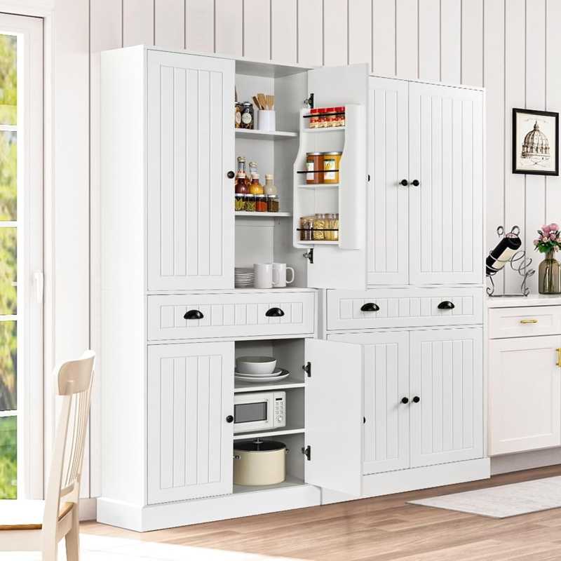 Kitchen Pantry Beadboard Panels with Microwave Shelf and Spice Rack