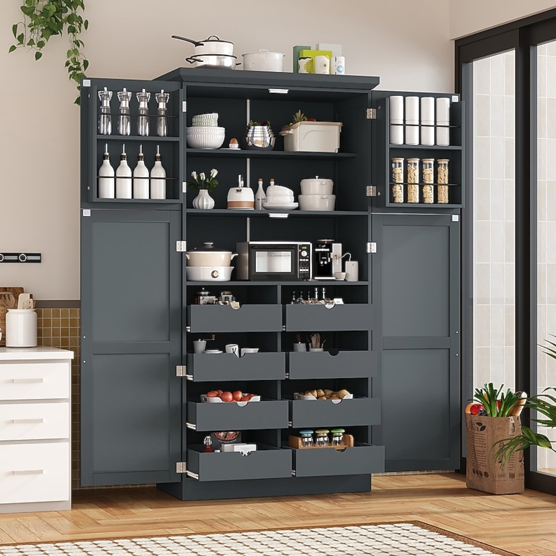 Kitchen Pantry Charcoal Gray Matte with Eight Pullout Trays and Niche