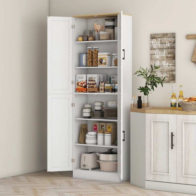 Kitchen Pantry Distressed White Finish with Wood Toned Top and 4 Doors