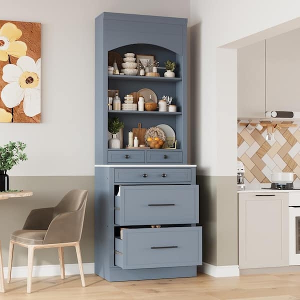 Kitchen Pantry Hutch Blue Gray with Arched Open Shelving and 5 Drawers