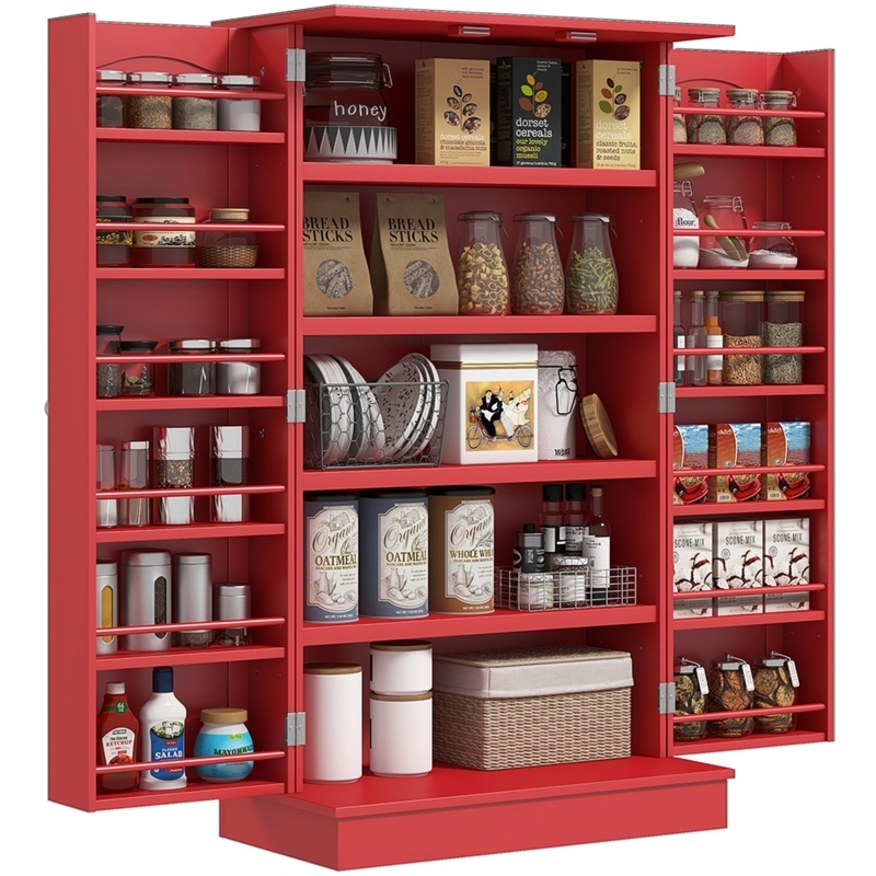 Kitchen Pantry Poppy Red Finish with Folding Door Design and Plate Rack