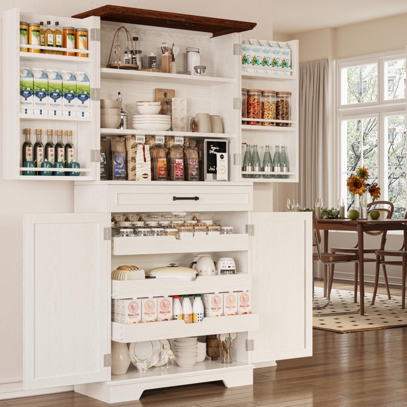 Kitchen Pantry Whitewashed Finish Tall Profile with Pull Out Drawers