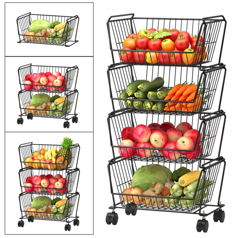 Kitchen Storage Rack 4-Tier Stackable Removable Swivel Wheels Black