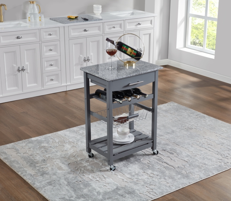 Kitchen Trolley in Slate Grey with Integrated Wine Rack and Wire Basket