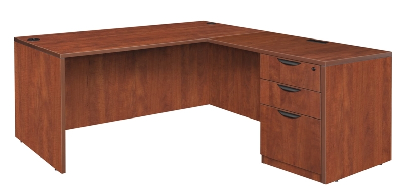 L-Desk in Cherry Finish with Crescent Pulls and Integrated Wire Grommets