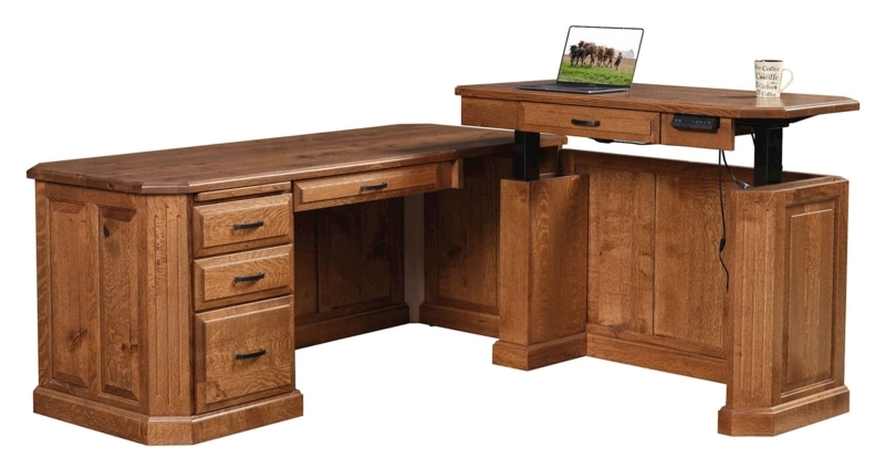 L-Desk with Adjustable Height Return, Raised Paneling, Honey Brown Finish