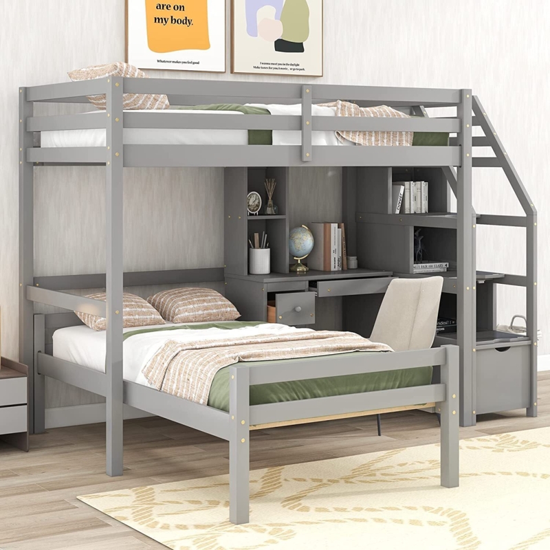 L-Shaped Bunk Bed Cool Grey Storage Stairs Integrated Desk Shelving