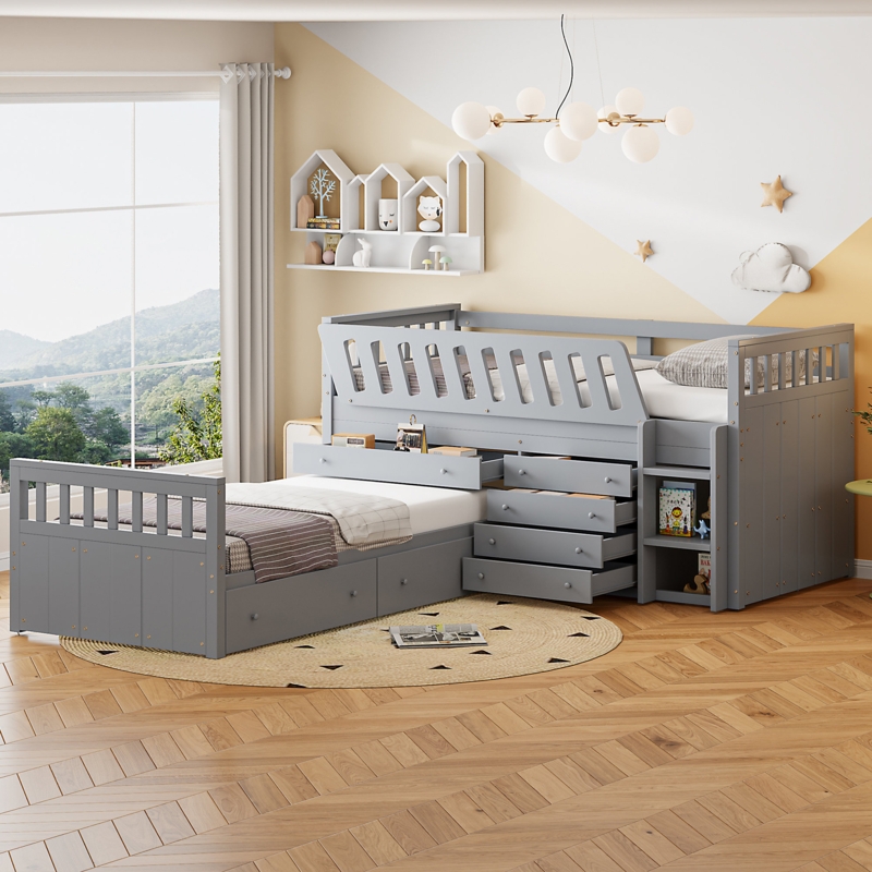 L-Shaped Bunk Bed Gray with Seven Storage Drawers Shelves