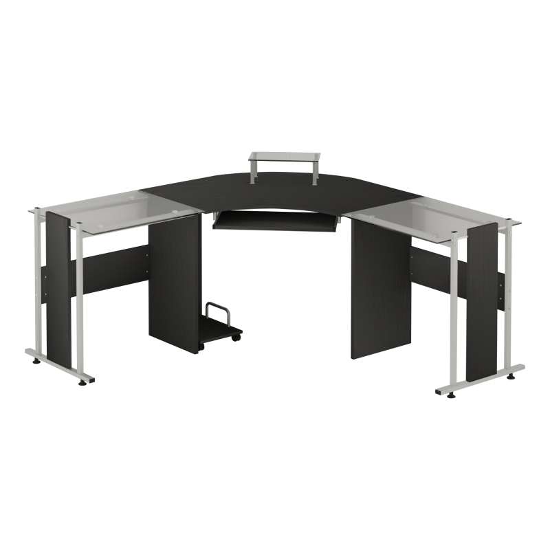 L-shaped Corner Desk Clear Glass Top and Silver Frame