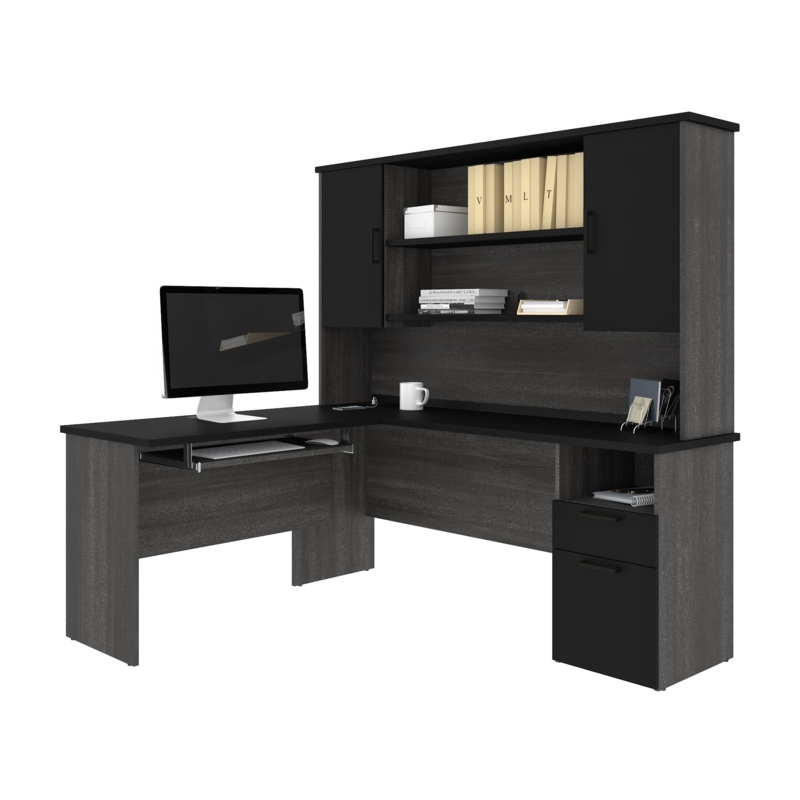 L-shaped Desk Bark Gray and Black with Hutch Storage