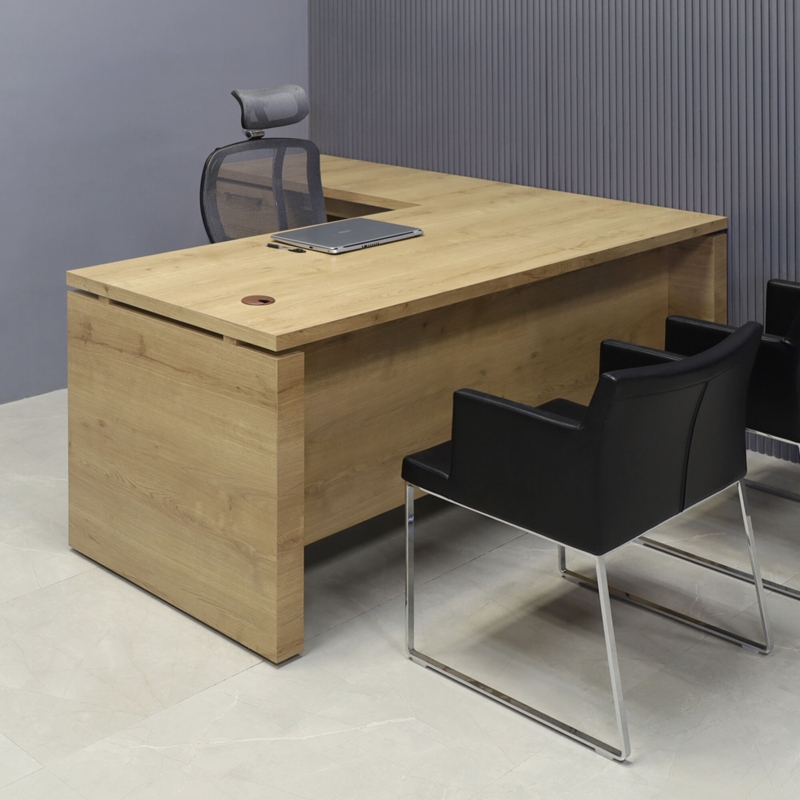 L-Shaped Desk boasting Integrated Wire Grommet and Modern Professional Style