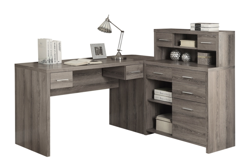 L-shaped Desk Dark Taupe Finish with Integrated Hutch